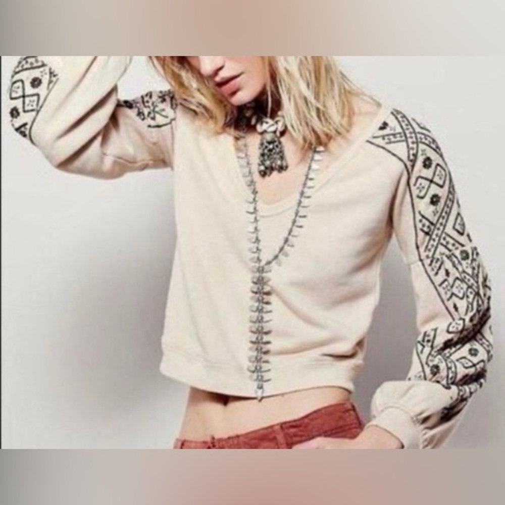 Free People Cream and Black Embroidered Sweatshirt